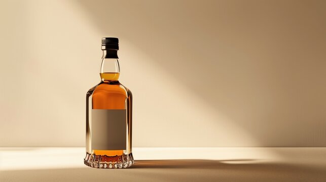 National Bootlegger's Day: Minimalist composition of single vintage whiskey bottle with blank label on clean white surface, dramatic side lighting creating sharp shadow