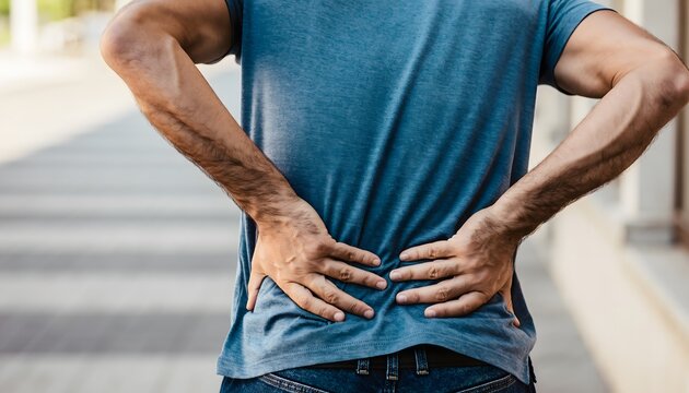 A man outdoors experiences significant lower back pain, struggling with discomfort from a persistent backache