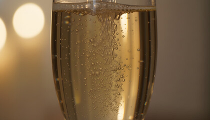 Effervescent Champagne Bubbles Rising in a Flute, Perfect for Celebratory Toasts and Special Occasions with Warm Golden Lighting