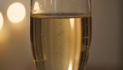 Close-Up of Golden Champagne Bubbles Rising in a Glass with Soft Bokeh Background