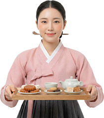 Graceful Korean Woman in Hanbok Serving Traditional Tea and Snacks