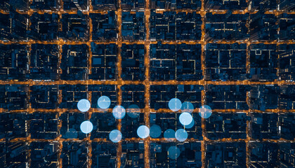 Futuristic Digital Grid Overlaying Aerial Night Cityscape Representing Data Connectivity and Smart Urban Planning