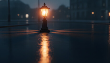 Luminous Vintage Street Lamp Glowing on a Wet Urban Pavement During a Moody Blue Hour Evening