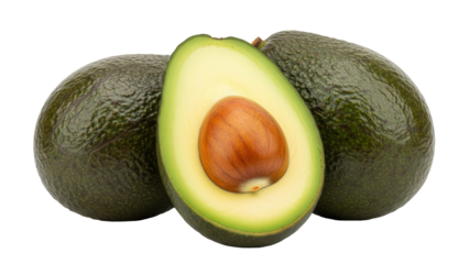 Isolated avocado arrangement of two whole and one halved with seed, for fresh food concept