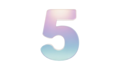 Isolated iridescent five numeric character, glowing, glossy, light pink to blue gradient design