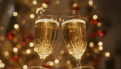 Champagne Toast for New Year's Eve Celebration with Sparkling Bokeh Lights and Festive Background