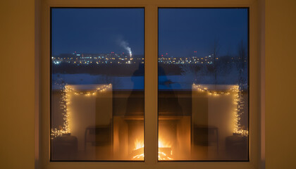 Cozy Home Interior with Warm Fireplace Glow and Fairy Lights Reflecting on Window Glass Against a Blue Twilight City View