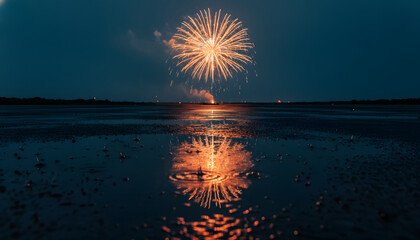 Brilliant Golden Firework Burst Reflecting in a Calm Wet Sand Puddle at Night, Capturing a Moment of Celebration and Awe