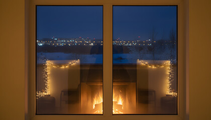 Cozy Living Room Reflection of Warm Fireplace and Festive String Lights in a Window at Twilight with Distant City Views