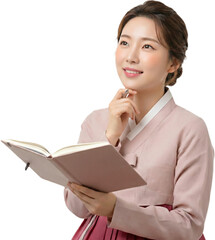 Young Korean Woman in Pink Hanbok Holding an Open Book and Thinking
