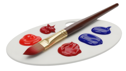 Isolated Painting Palette and Brush with Red and Blue Paint for Artistic Expression