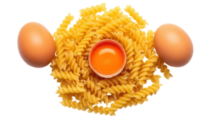 Isolated fusilli pasta composition with egg yolk and brown eggs for homemade fresh pasta