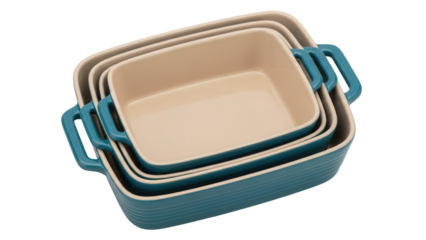Isolated nested baking dishes stack, with blue exterior and beige interior, set of three shapes