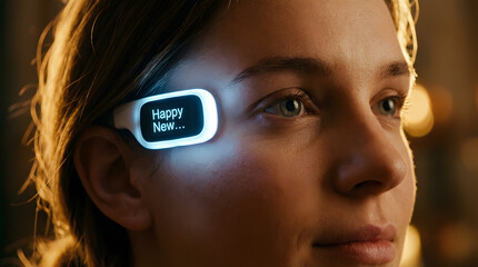 Young Woman Wearing Futuristic Smart Glasses with Illuminated Text Display for Augmented Reality and HUD Technology