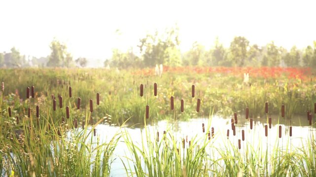 A serene wetland is illuminated by the sun, showcasing tall cattails and colorful wildflowers. The landscape reflects the tranquility of early summer, inviting nature enthusiasts to explore.