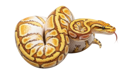 Isolated Ball Python in Coiled Position With Tongue Out Reaching Outward, Pet Reptile