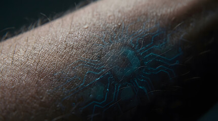 Futuristic Glowing Blue Microchip Circuit Pattern Integrated into Human Skin Representing Cybernetic Enhancement and Biotech Innovation