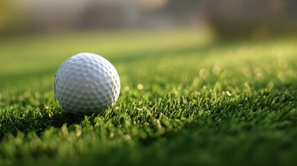 Obraz premium Close-up image of a golf ball resting on vivid green turf with a minimal banner backdrop