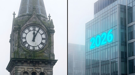 Contrast of Time: Historic Stone Clock Tower and Modern Glass Building Displaying 2026 Projection