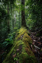 Fototapeta premium Emerald Moss Blankets Ancient Fallen Log in Lush, Dappled Rainforest.