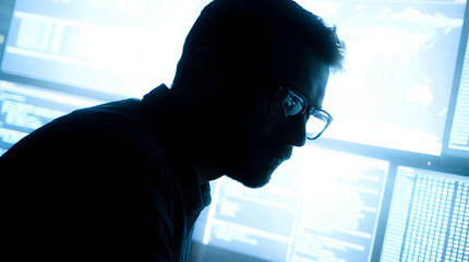 Silhouetted IT Specialist Analyzing Big Data and Complex Code on Multiple Computer Screens in a Darkened High-Tech Security Operations Center