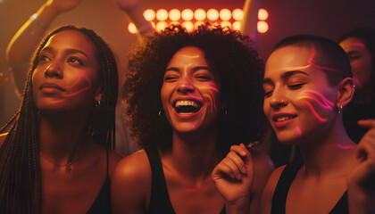 Energetic Diverse Women Celebrating Together at a Vibrant Nightclub with Neon Light Patterns