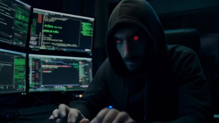 Hooded hacker working at computer with glowing code on screens in dark room, cyber crime and data breach atmosphere, concept of digital threat - Powered by Adobe