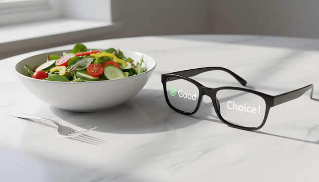 Smart AR Glasses Displaying Healthy Eating Feedback Beside Fresh Garden Salad - Powered by Adobe