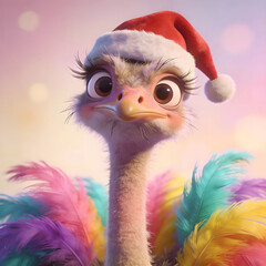 Ostrich in colorful feathers and santa hat