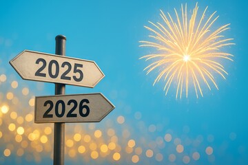 New year transition concept with 2025 to 2026 signpost and fireworks / road sign with the sky