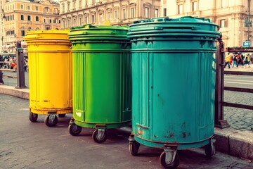 Colorful trash bins for recycling in a busy city street with historic buildings and people in the background during daytime
