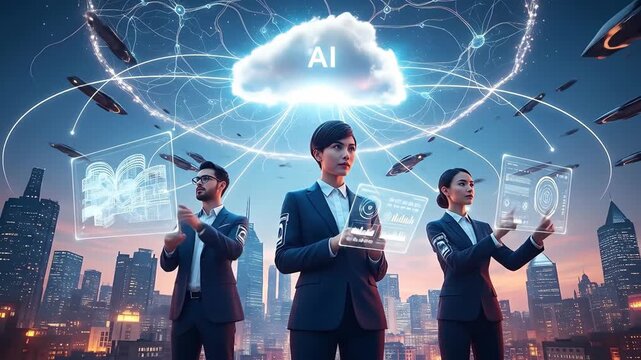 Business Professionals Presenting Future Technologies in Urban Landscape