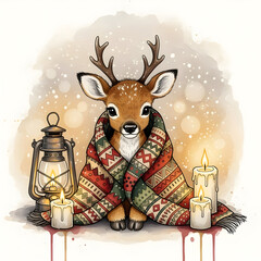 Cozy fawn wrapped in blanket with candles