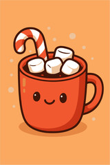 Cheerful red mug filled with warm cocoa, topped with fluffy marshmallows and a festive candy cane, perfect for winter celebrations
