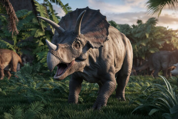 Fototapeta premium A cinematic, close-up shot of a Triceratops roaring in a lush prehistoric jungle, surrounded by ferns and bathing in warm sunlight, with other dinosaurs visible in the background.