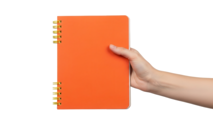 Isolated orange notebook being held by a hand, showcasing the bright cover with a spiral binding