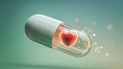 Conceptual 3D Render of a Heart-Filled Capsule Floating Outdoors. Love Medicine and Cardiac Health.