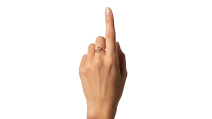 Isolated hand with one finger up, symbol of unity and leadership, wearing golden ring