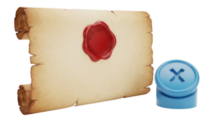 Isolated aged scroll with wax seal, a parchment roll and a blue X-shaped button, render
