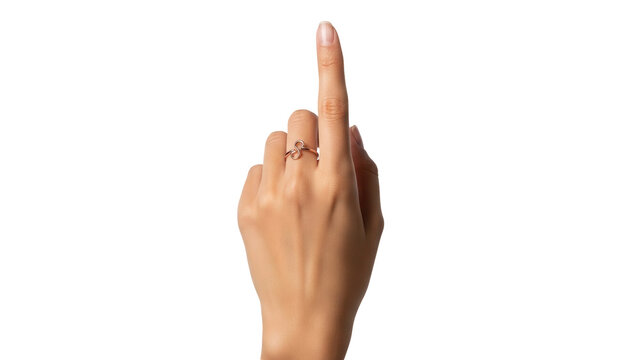 Isolated hand with one finger up, symbol of unity and leadership, wearing golden ring