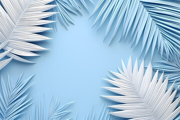 An abstract winter nature illustration features a green palm tree leaf pattern and pine fir branches on a blue background with festive Christmas snow and holiday decoration design elements