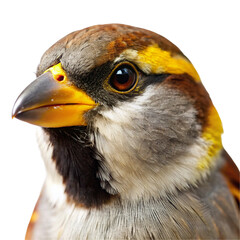 Sparrow head close-up on white background