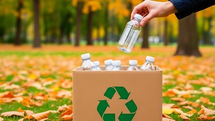 Hand placing plastic bottle into recycling bin in autumn park with fallen leaves