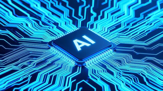 AI chip with glowing circuitry - Powered by Adobe