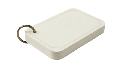 Isolated stack of blank index cards on metal ring, education stationery, learning resource