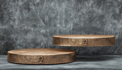 Two tiered wooden display platforms against textured gray background