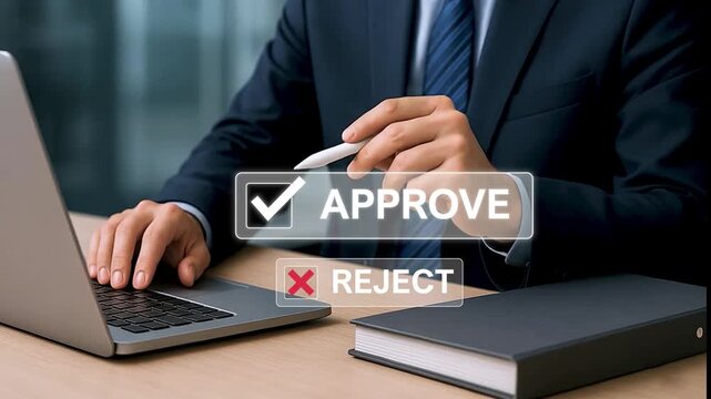 4k video clip of Businessmen point to tick correct sign mark in checkbox for approve quality document and project control. Excellence in document correction, ensuring quality and ISO certification for