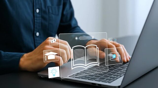 E-Learning and Online Education Concept with AI Powered Smart Learning, Interactive Digital Content and Knowledge Management System, 4k video clip