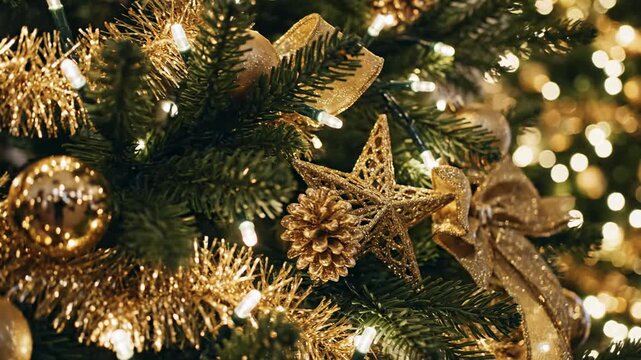 Extremely slow and graceful camera pan across the midsection of a pine tree showcasing intricately detailed gold accents and flickering warm white lights stockfootage, decoration, luxury