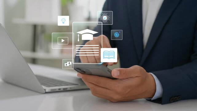 4k video - Mobile learning concept with interactive digital education interface featuring video, goals, multilingual support, and AI powered smart study for modern knowledge, e-learning and remote tra